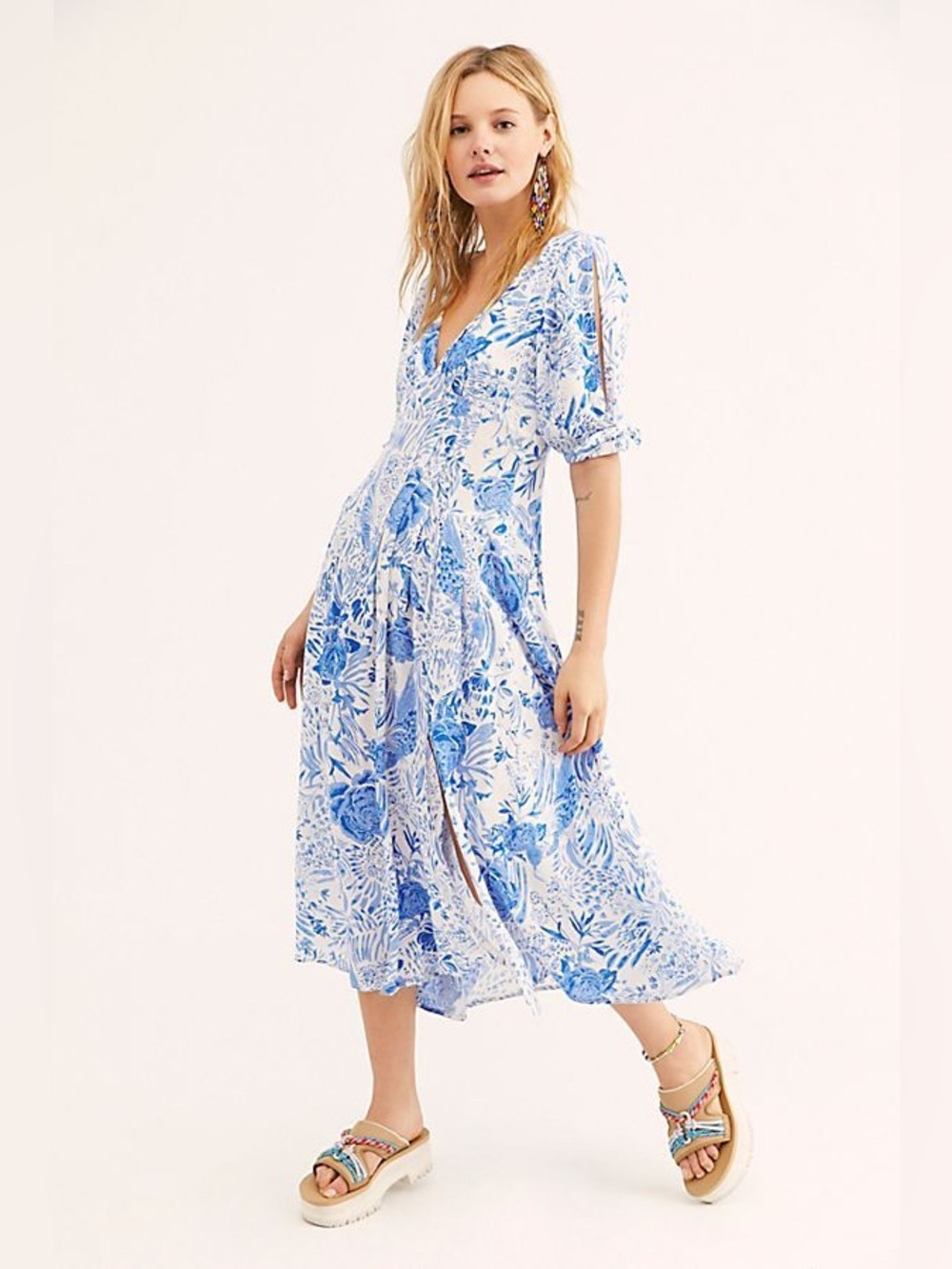 Free People Forever and Always Blue Floral Midi Dress Size 2